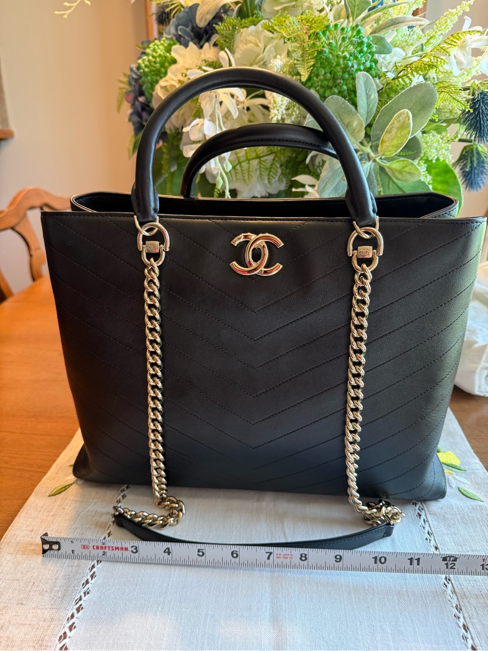 Chanel - Black - Chevron Chic Shopping Tote with Gold Chain Handles